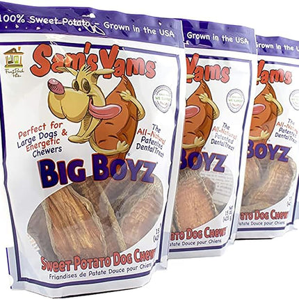 Sams Yams Sweet Potato Dog Treats, Healthy Dog Treats for Large Dogs - Sweet Potato Dog Treats Made in USA, High Fiber, Vegan Dental Chews - Big Boyz, Sweet Potato Dog Chewz, 15oz (Pack of 3)