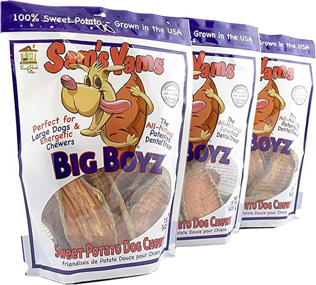 Sams Yams Sweet Potato Dog Treats, Healthy Dog Treats for Large Dogs - Sweet Potato Dog Treats Made in USA, High Fiber, Vegan Dental Chews - Big Boyz, Sweet Potato Dog Chewz, 15oz (Pack of 3)