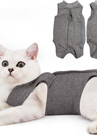 Cat Recovery Suit for Male and Female Surgical Post Surgery Soft Cone Onesie Shirt Clothes Neuter Licking Protective Diapers Outfit Cover Kitten Spay Collar(S, Grey)