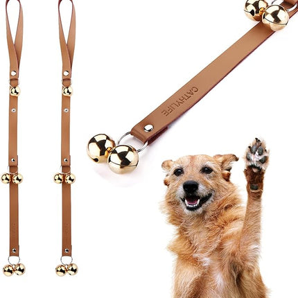 Leather Dog Doorbells for Door Knob/Potty Training/Go Outside, Length Adjustment Copper Dog Bell, Housetraining Hanging Bell, Brown Leather Golden Bells - 2 Pack