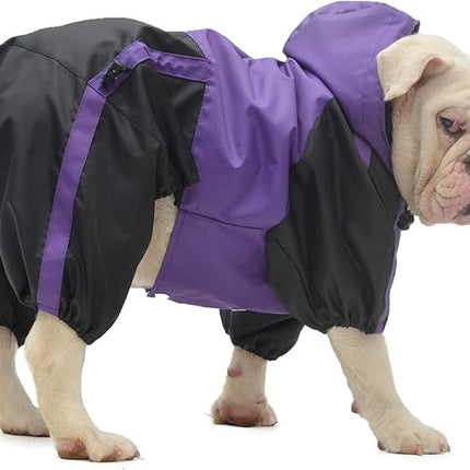 Lovelonglong American Bully Pitbull Dog Hooded Raincoat, Bulldog Rain Jacket Poncho Waterproof Clothes with Hood Breathable 4 Feet Four Legs Rain Coats for Pugs English French Bulldog Purple B-XL