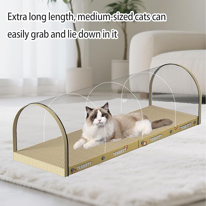 3 Function in 1 Cardboard Cat Scratcher Board, 31.5 in Cat Scratcher House, Cat Scratchers for Indoor Cats, Arched Cats Scratch Pad As Cat Bed, Cat Tunnel for Sleep, Grind Claws (Beige)