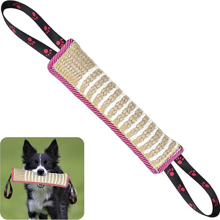 Dog Tug Toy Dog Bite Jute Pillow Pull Toy with 2 Strong Handles for Tug of War, Puppy Interactive Play, Tear Resistant Bite Training Toys for Small Medium Large Dogs (Pink Yellow Footprint)