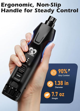 Casfuy 6-Speed Dog Nail Grinder – 50%+ Boost Power Dog Nail Trimmers Quiet with Dust Cap & 2 LED Lights & 2000mAh Battery & 4.8V Motor Electric Pet Toenail File Tool for Large Medium Small Dogs Cats