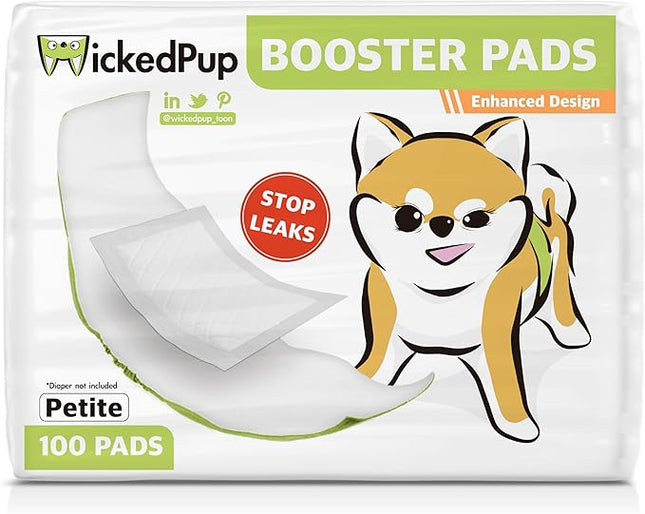 WICKEDPUP Dog Diaper Liners Booster Pads for Male and Female Dogs, 100ct | Disposable Diaper Inserts fit Most Reusable Pet Belly Bands, Wraps, and Washable Period Panties (Petite (100 Count))