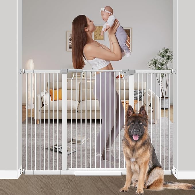 40.55" Extra Tall Baby Gate for Stairs-54.8"-60.2" Wide 1.37" Ultra Narrow Spacing Extra Wide Pet Cat Gate Dog Gate-Auto-Close Pressure Mounted Dog Door for Pets and Kids,White