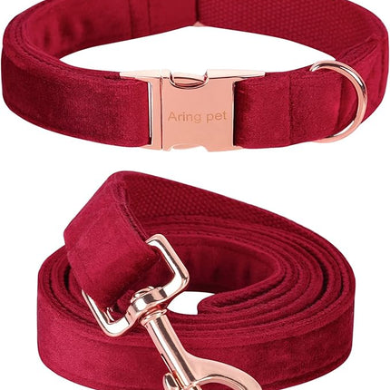 ARING PET Velvet Dog Collar Set, Cute Velvet Dog Collar and Leash Set, Soft & Comfy, Adjustable Christmas Red Collars with Metal Buckle for Small Medium Large and Girl Boy Dogs