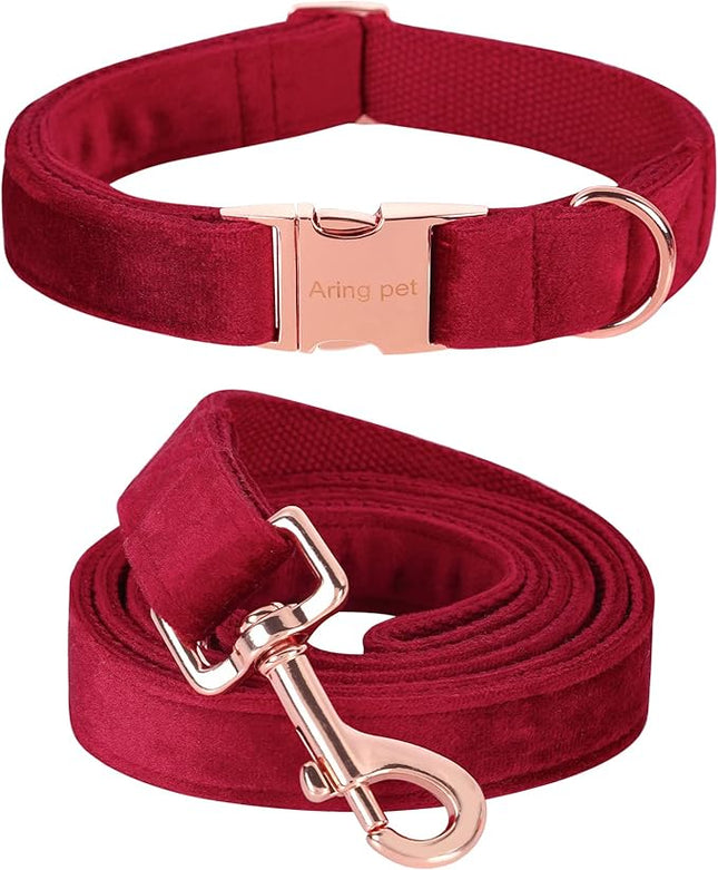 ARING PET Velvet Dog Collar Set, Cute Velvet Dog Collar and Leash Set, Soft & Comfy, Adjustable Christmas Red Collars with Metal Buckle for Small Medium Large and Girl Boy Dogs