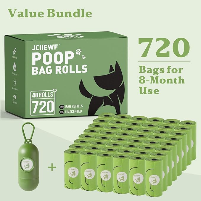 720 Count 13” x 9” Dog Poop Bags Rolls with Holder | Leakproof, Extra Thick & Tear-Resistant Waste Bags for Doggie, Cats & Pets | Unscented, Sturdy & Durable Pet Cleanup Bags for On-The-Go Use