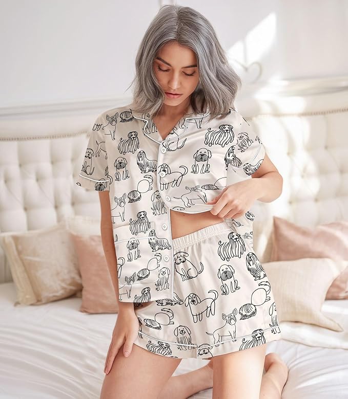 Women’s Silk Satin Pajama Set, Short Sleeve Button Down 2 Piece PJs with Shorts, Cozy Loungewear & Matching Holiday Pajamas