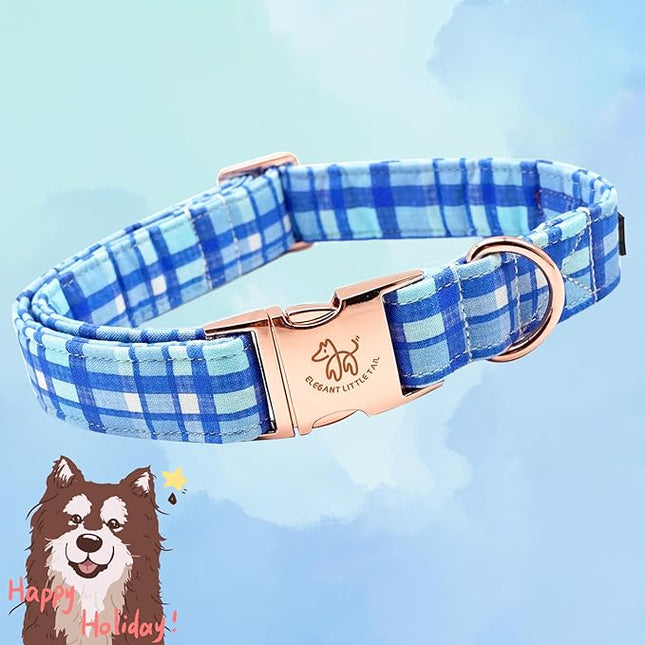 Elegant Little Tail Blue Plaid Pattern XL Dog Collar, Unique Seasonal Design, Adult Large Dogs