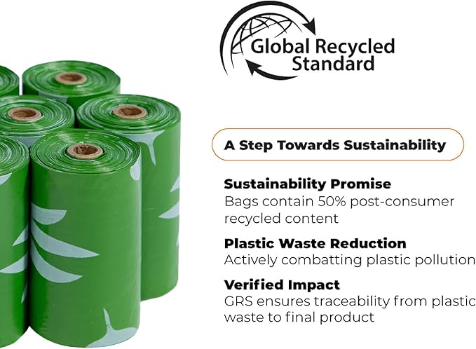 Best Pet Supplies Poop Bags for Dogs, 50% Post-Consumer Recycled Content dog waste bags on rolls, fits all poop bag holders for leashes - 150 Count, Green, Unscented