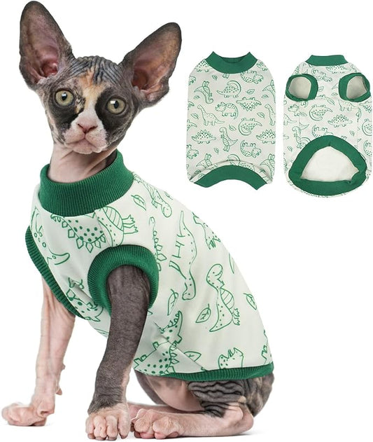 Sphynx Hairless Cat Clothes with Dinosaur Print, Pullover Kitten T-Shirts Vest, Sleeveless Bodysuit Cat Pajamas Jumpsuit, Breathable Daily Wear Clothes for Cats