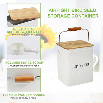 Bird Seeds storage container,Bird Seed Container,Metal food tin for Birds, pet snacks Canisters with wooden lid/handle/sevice scoop,hold 5-6 lbs