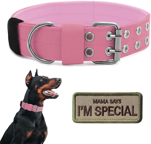 Tactical Dog Collar Military Adjustable Dog Collars Soft Nylon Training Collar with Patch Heavy Duty Metal Buckle Collars for Medium Large Dogs (Light Pink, M)