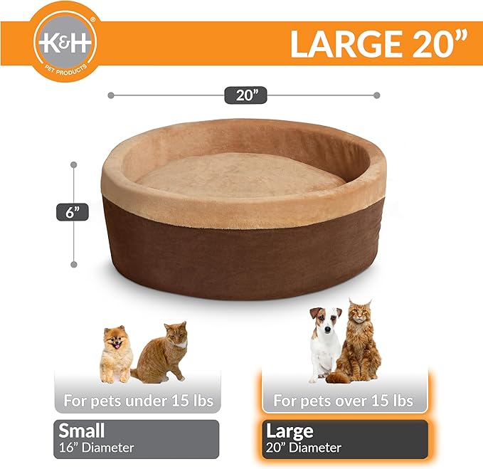 K&H Pet Products Thermo-Kitty Bed Heated Cat Beds for Large Indoor Cats & Dogs, Calming Warming Pillow Pet Bed, Machine Washable, Removable Heater, Safety Listed - Large 20" Round Mocha/Tan