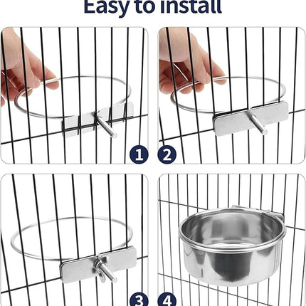 Bird Cage Feeder, Bird Feeder for Cage, 2 Pcs 10oz Stainless Steel Food Water Bowls with Clamp, Hanging Coop Cups for Parrot Cockatiel Hamster Rabbit Rat Small Animals