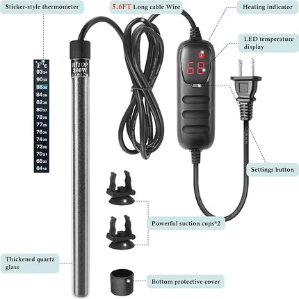 HITOP Compact Submersible Aquarium Heater - 300W Digital Heater for Fish Tank Turtle Tank 45-70 Gallon, Saltwater and Fresh Water with Temperature Controller (300W)