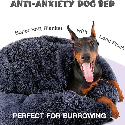 Himax Dog Beds for Large Dogs, Donut Dogs Beds with Blanket Attached, Calming Dog Bed Washable (20"/26"/35") Grey