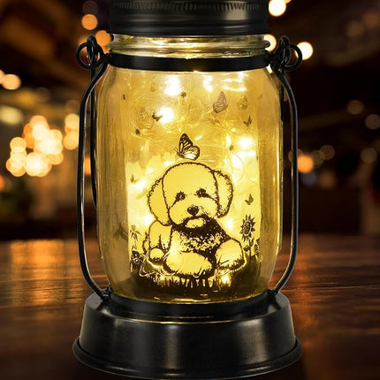 Bichon Dog Gifts for Women/Men Bichon Frise Solar Lanterns Birthday Dog Lovers Lantern Pet Loss Dog Memorial Lights Solar Garden Decoration for Yard, Patio,Backyard,Porch Torches Light