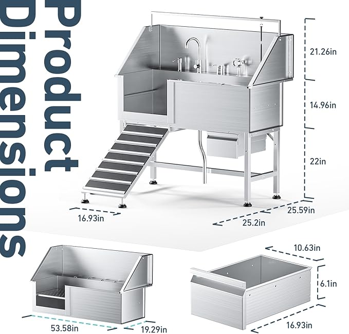 Dog Washing Station,56" Professional Stainless Steel Dog Bathing Station for Large Dog Height Adjustable Dog Wash Station for Home Dog Grooming Tub with Drawer, Floor Grate & Fauct (L-Ramp)