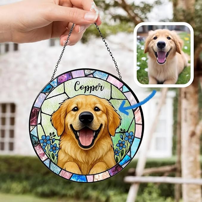 Custom Dog Portrait Stained Glass Light Catcher, Pet Memorial Stained Glass Photo Light Catcher, Staineds Glass Dog Memorial, Loss of Dogs Sympathy Gift Personalized, Pet Loss Gift /6