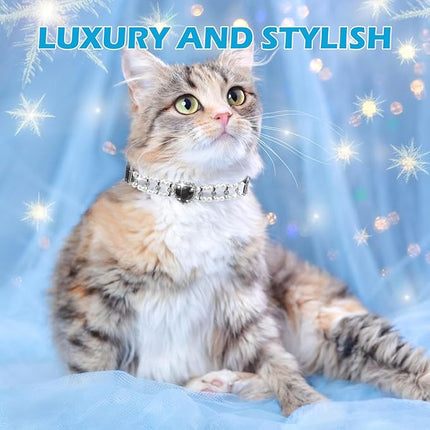 EXPAWLORER Cat Collar Leather with Bell and Safety Elastic Belt,Personalized Rhinestones Bling Adjustable Collars for Cats Kitty and Small Dogs,Pearl cat Collar Black (Pearl)
