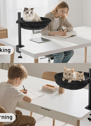 Cat Desk Bed - Machine Washable Reversible Cats Hammock for Large and Kitten - 360° Rotating & Height Adjustable - Supports Up to 45lbs - Indoor Cat Nest Furniture for Office & Game Tables - Black