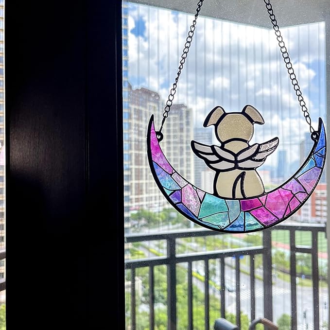 Stained Glass Angle Dog Memorial Suncatcher for Loss of Dog Sympathy Gifts, Dog Memorial Gifts with Sympathy Card, Dog Remembrance Gifts for Pet Lovers, Dog on Moon Ornaments for Window Hanging