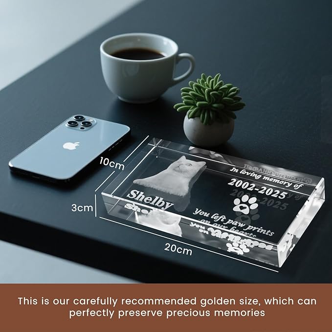 3D Crystal Pet Memorial Stone, Custom Laser Engraved Photo Remembrance Block with Gift Box, Pet Loss Sympathy Gift