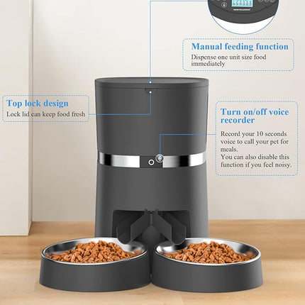 Automatic Cat Feeder, WellToBe Pet Feeder Food Dispenser for Cat & Small Dog with Two-Way Splitter and Double Bowls, up to 6 Meals with Portion Control, Voice Recorder - Battery and Plug-in Power