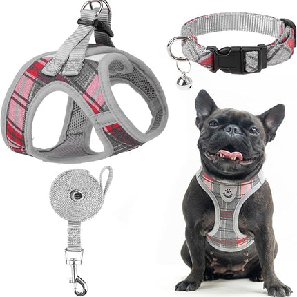 EXPAWLORER Classic Plaid Dog Harness - Large Dog Collar and Leash - Soft Mesh Padded Adjustable Step in Dog Vest Harness No Pull, Reflective Escape Proof for Outdoor Walking, Grey Large