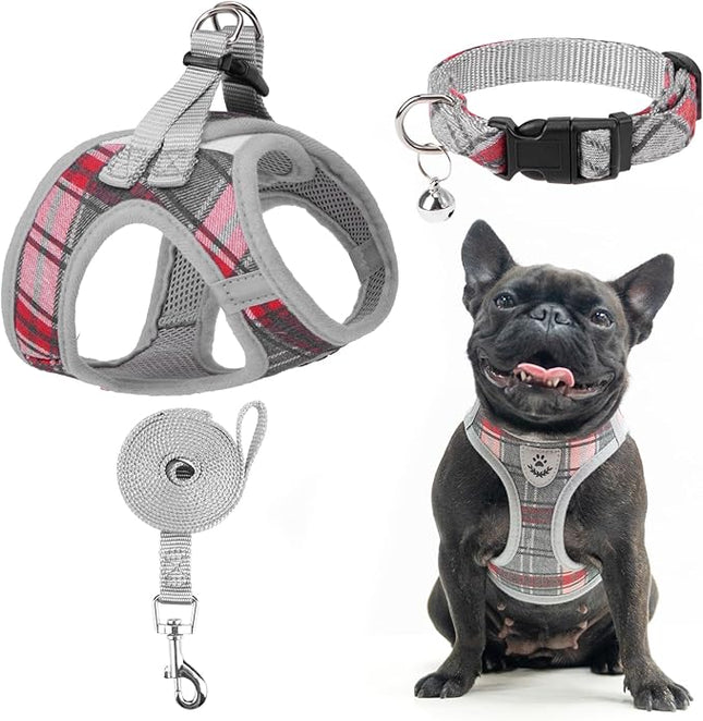 EXPAWLORER Classic Plaid Dog Harness - Large Dog Collar and Leash - Soft Mesh Padded Adjustable Step in Dog Vest Harness No Pull, Reflective Escape Proof for Outdoor Walking, Grey Large