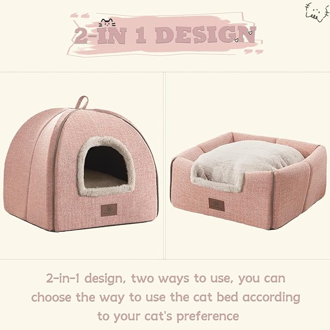 WINDRACING Cat Bed for Indoor Cats - Cat House Cats Tent with Removable Washable Cushioned Pillow, Soft and Self Kitten beds,for Small and Medium Pet Bed, Pink