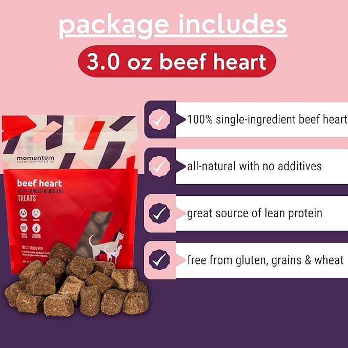 Momentum Carnivore Nutrition Freeze-Dried Beef Heart Dog Treats – Single-Ingredient, Dog & Cat Treats – High-Protein, Grain-Free– 3 oz Bag