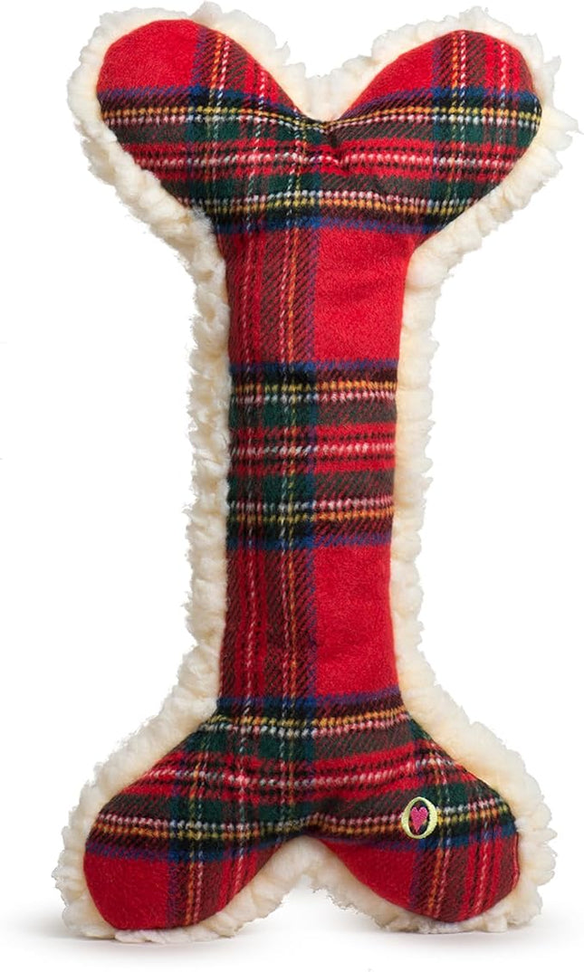 HuggleHounds Tartan Tidings Plush Bone Dog Toy - Dog Fuzzy Bone Toy, Soft Fleece, Durable, Stuffed Plush for Large Breeds, Puppies, Faux Sheepskin - 24" (1 Pack)