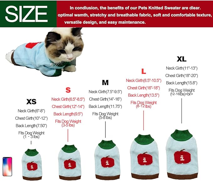 Winter Pet Knit Sweater - Light Blue with Red Fruit Print, Cozy Dog Cat Clothing, XS/S/M/L/XL Sizes (Small)