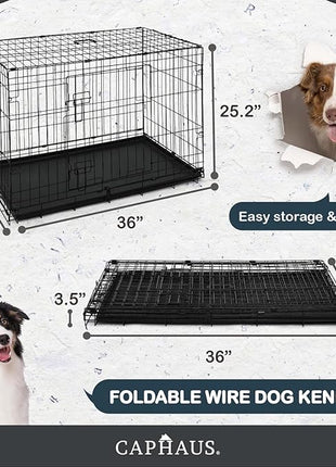 CAPHAUS Foldable Dog Crate Wire Metal Dog Kennel w/Divider Panel, Leak-Proof Pan & Protecting Feet, Single & Double Door, Small, Medium & Large Dog Crate Indoor Wire Dog Cage, 36” w/Double Doors