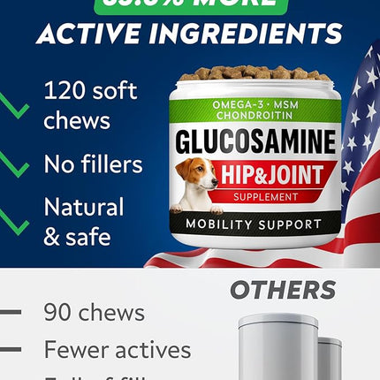 Glucosamine Treats for Dogs - Joint Supplement w/ Omega-3 Fish Oil - Chondroitin, MSM - Advanced Mobility Chews - Joint Pain Relief - Hip & Joint Care - Peanut Butter Flavor - 180 Ct - Made in USA