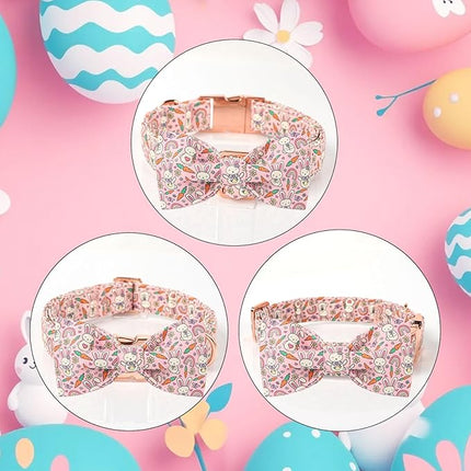 Easter Dog Collar with Bow Tie - Bunny Pattern Pink Bowtie Adjustable Heavy Duty Spring Collar for Small Medium Large Dogs XS