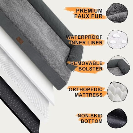 Large Dog Bed Orthopedic Washable - Beds Bolster - Extra Large Big Dogs - Memory Foam Couch Sofa - Waterproof with Removable Cover - Dark Grey Dog Bed