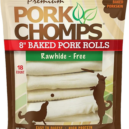 Pork Chomps Baked Pork Skin Dog Chews, 8-inch Rolls, 18 Count (Pack of 1)
