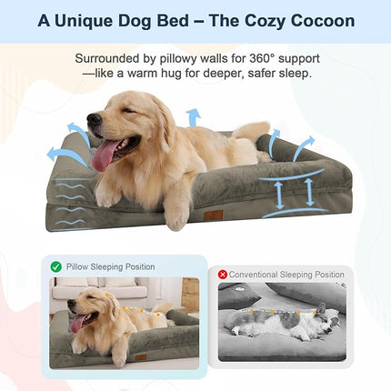 XL Dog Bed for Large Dogs, Orthopedic Dog Bed Egg Crate Foam with Removable Washable Cover, Waterproof Non-Slip Big Pet Sofa with 4-Sides Removable Bolster, Forest Green