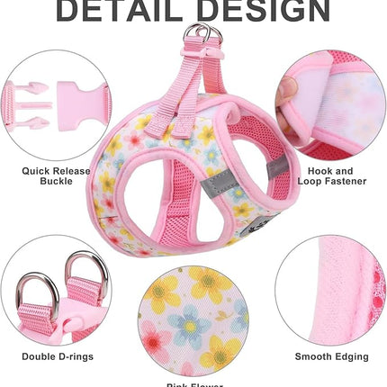 EXPAWLORER Small Dog Harness and Leash Set - Cute Puppy Harness Leash Dog Collar with AirTag Holder Silicone Case, Soft Padded Step in Pet Vest Reflective for Outdoor Walking, Floral XS