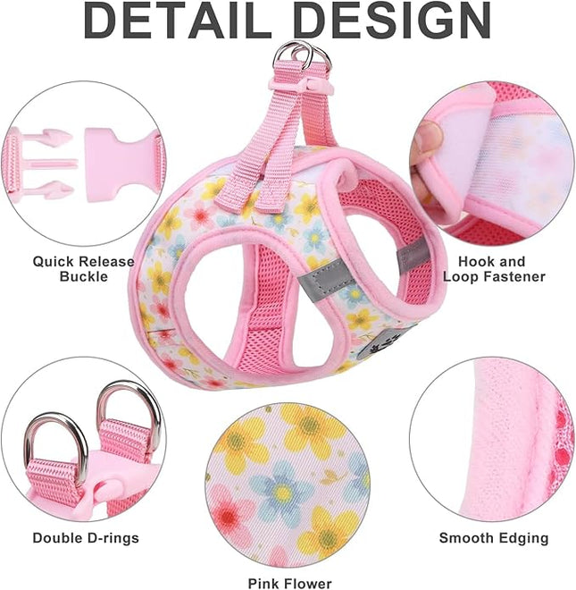 EXPAWLORER Small Dog Harness and Leash Set - Cute Puppy Harness Leash Dog Collar with AirTag Holder Silicone Case, Soft Padded Step in Pet Vest Reflective for Outdoor Walking, Floral XXS