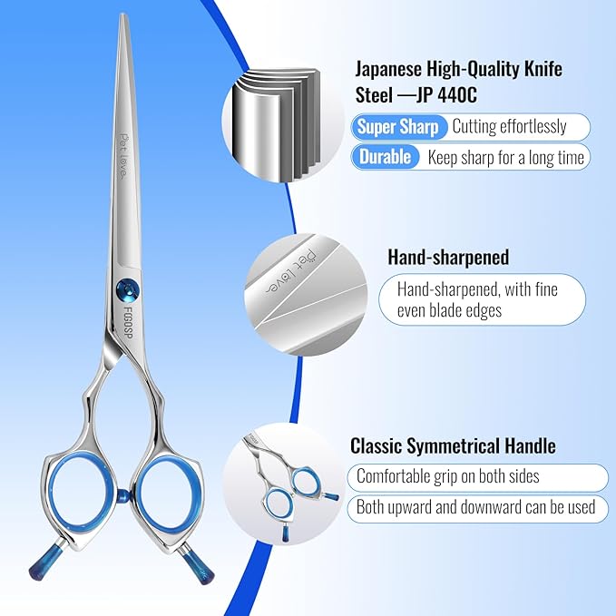 Straight Dog Grooming Scissors 7.5 in Professional Dog Hair Scissor Trimming Dogs Pet Cat Shears Japan 440C Symmetric Handle Easy for Cutting Body Leg Hairs(7.5)