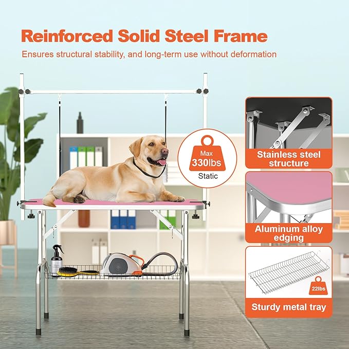 46'' Dog Grooming Table for Large Dogs, Foldable Professional Grooming Table for Dogs at Home with Double Loops/Mesh Tray/Adjustable Arm, Capacity up to 330lbs, Pink