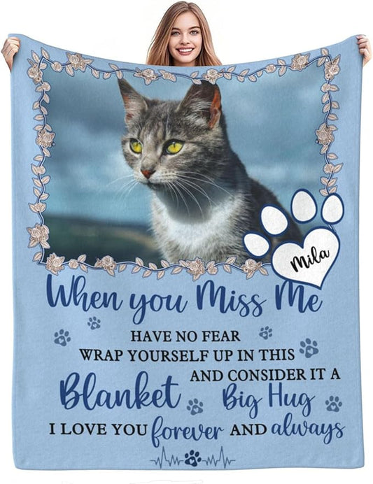 Custom Pet Memorial Blanket with Photo,Personalized Dog/Cat Loss Sympathy Gift,Pet Loss Bereavement Remembrance Gifts,Flannel Throw Blanket with Pictures (Blue)