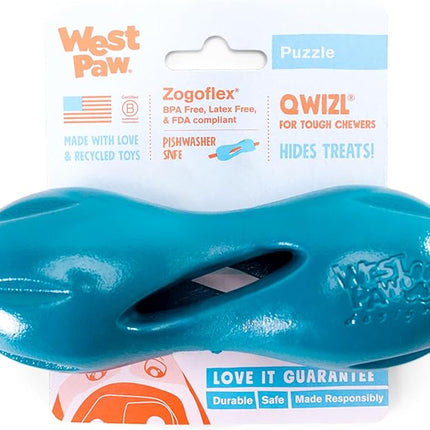 West Paw Qwizl Treat Dispensing Dog Toy for Tough Chewers- Durable Long Lasting Chew and Fetch Toy Keeps Dogs Engaged- Dishwasher Safe Safe Materials Made in USA - River Blue, Small
