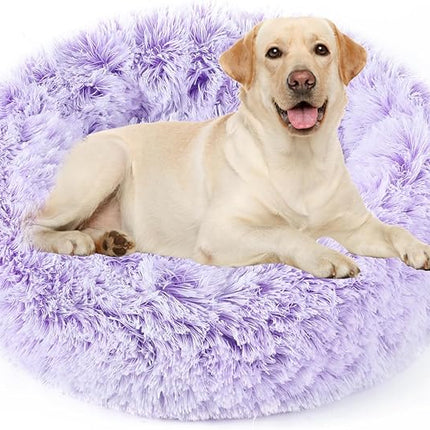 NOYAL Calming Donut Dog Bed for Small to Medium Dogs & Cats - Plush Faux Fur Anti-Anxiety Pet Bed with Machine Washable Cover & Non-Slip Base